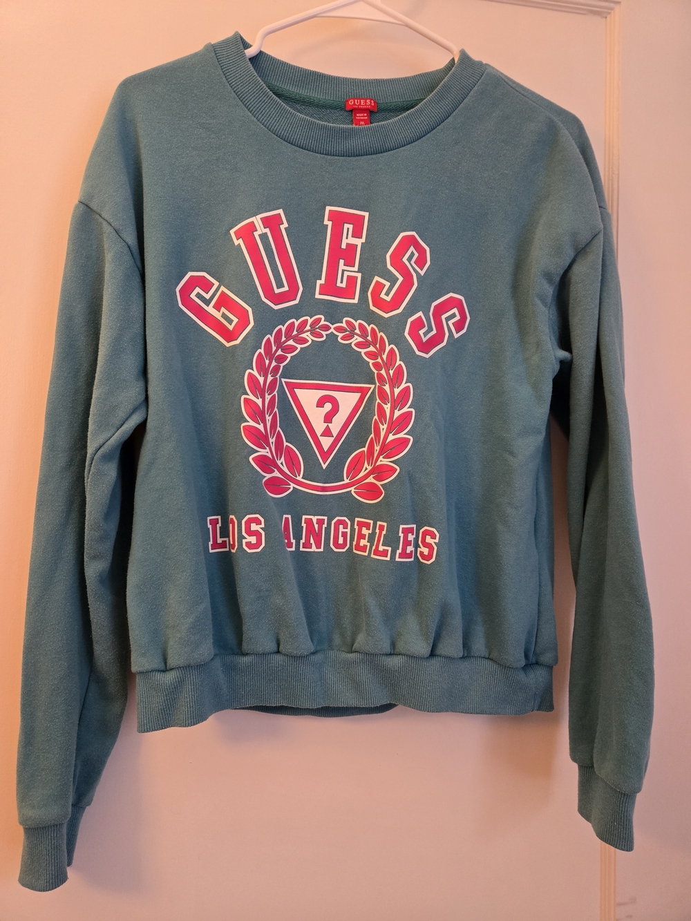 GUESS Y2K Womenβs Teal Crewneck Sweatshirt with Pink Los Angeles Logo